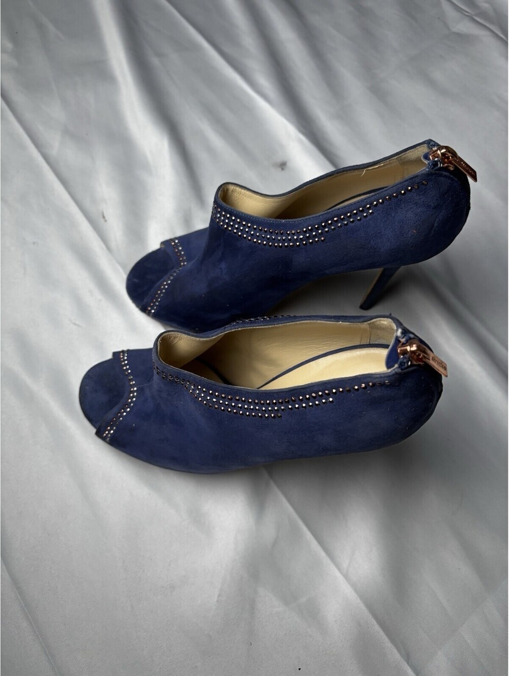 Jimmy Choo Navy Blue Suede Peep Toe High Heel Booties with Z - Picture 10 of 10